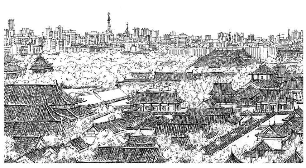 故宫各个部分的线稿回家后再对着照片画或者在现场画一些细节所以会先
