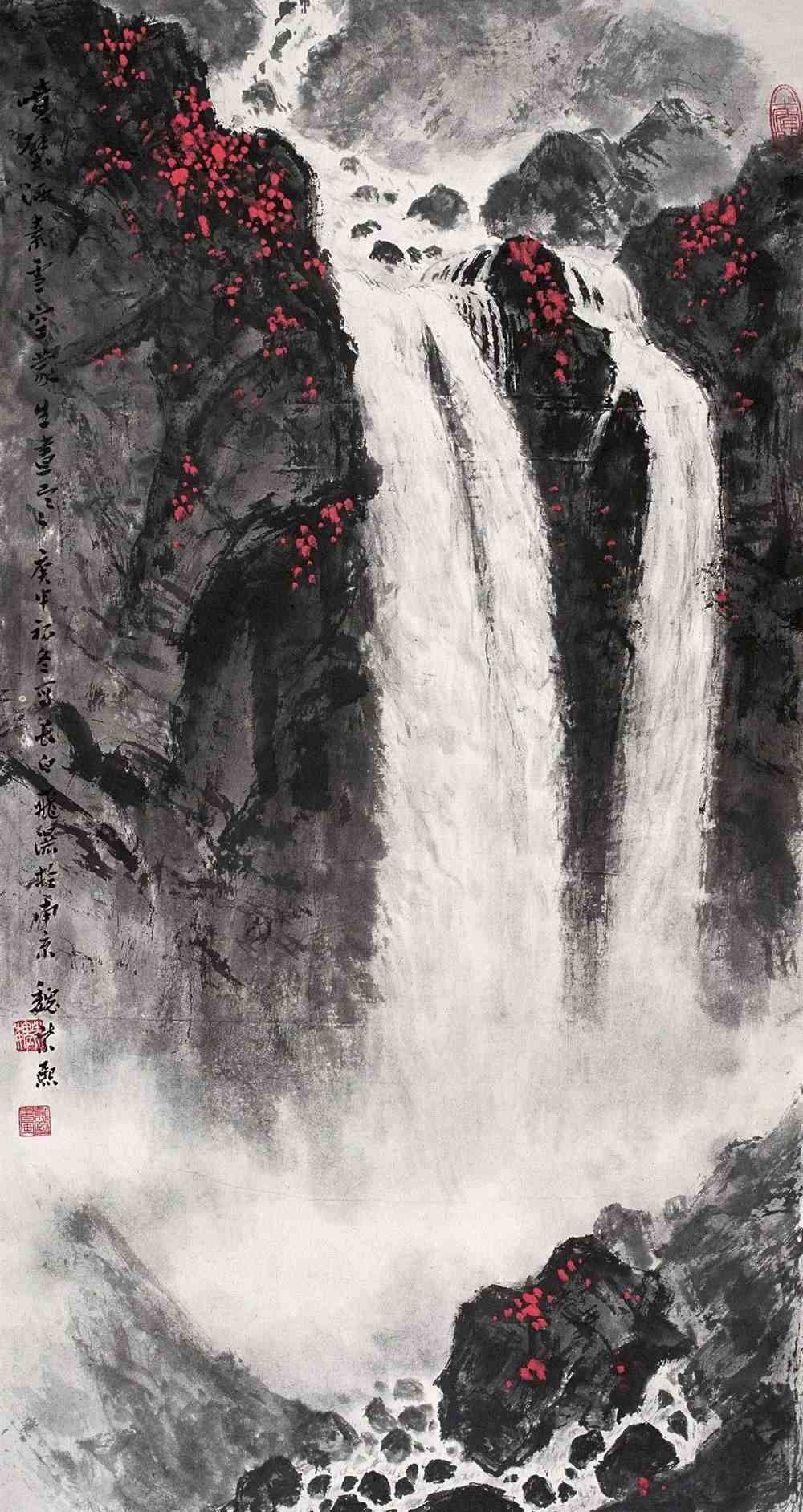 他画的瀑布,凉爽一夏_国画教程大全_零二七艺考