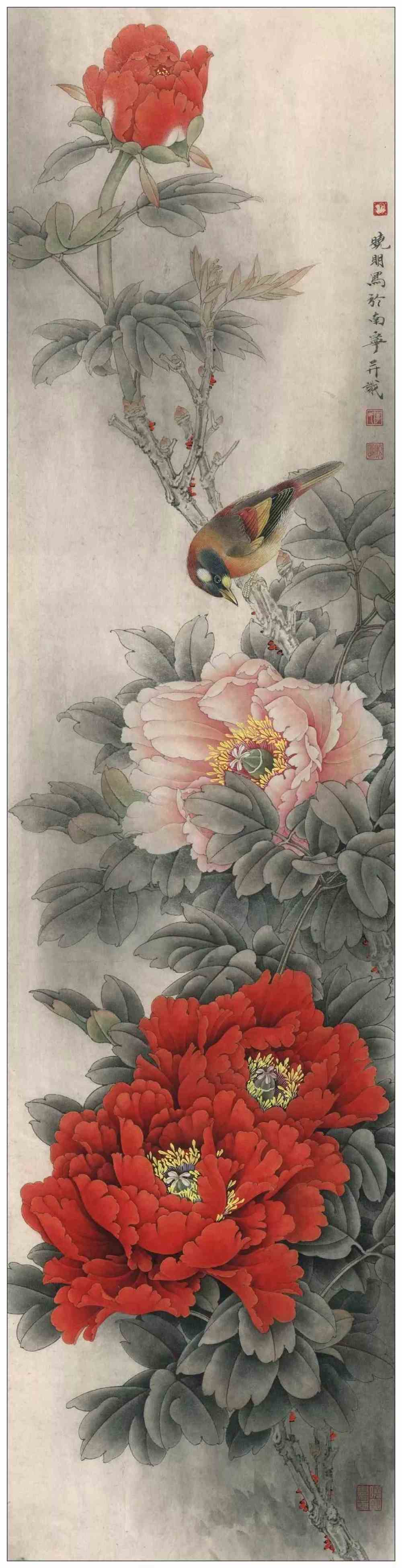 【国画教程】李晓明工笔牡丹国画条屏构图技法《富贵相思》,超详细!
