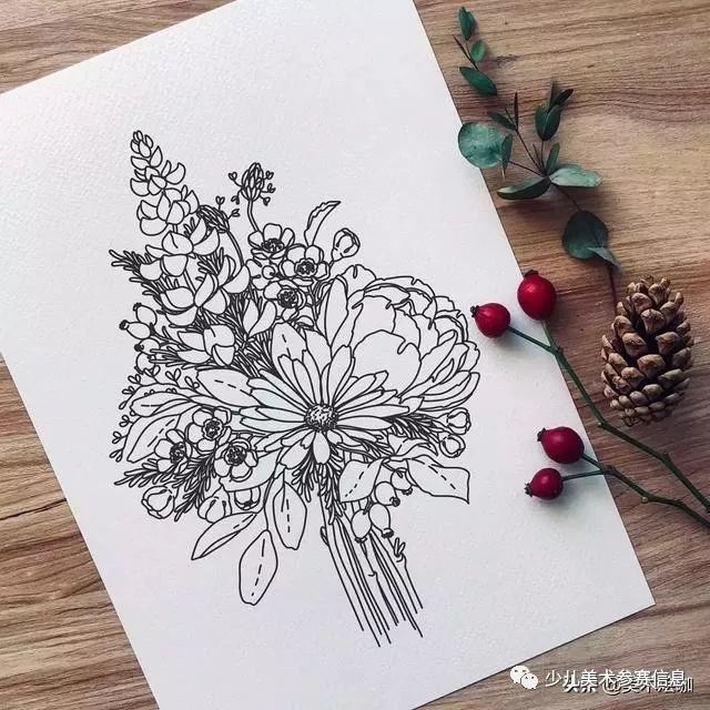 【植物花朵线描】_儿童画教学_零二七艺考