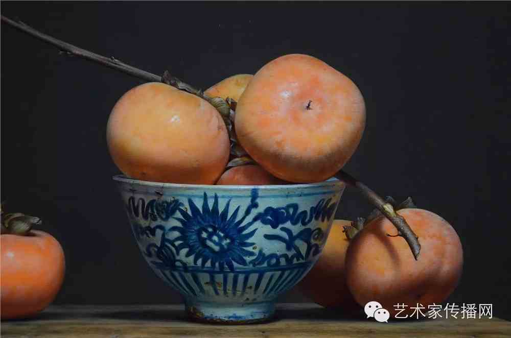 2015年《柿子青花——系列1》40×90cm 2015年 布面油画《青花瓷柿子