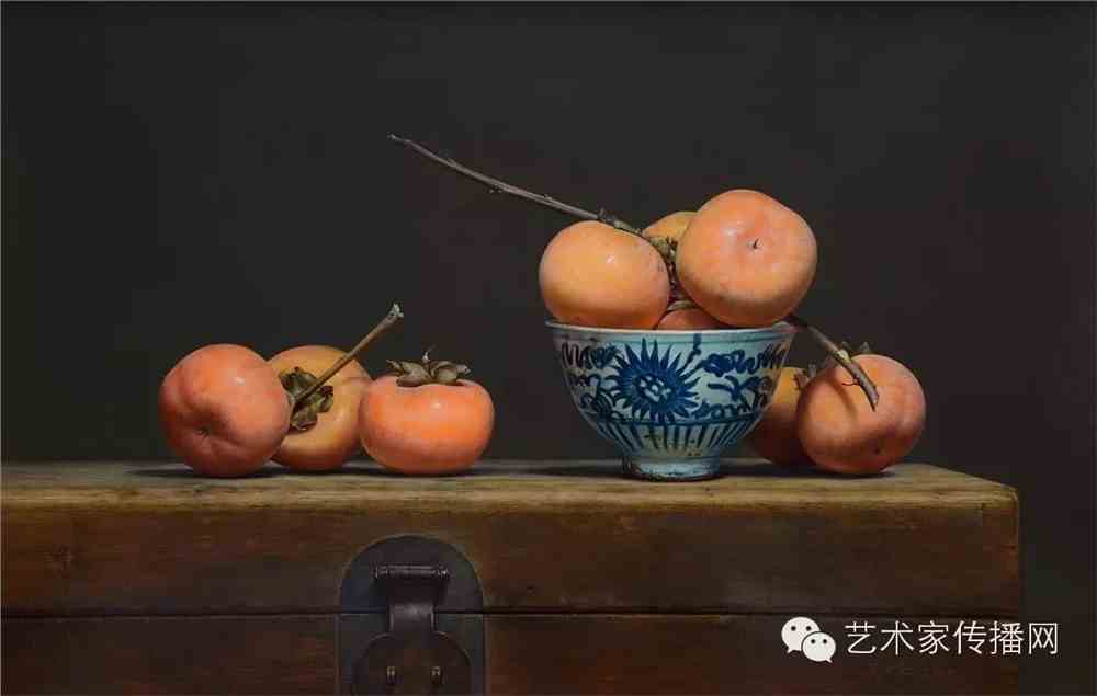布面油画2015年尺寸:40×90cm《柿子青花——系列1》创作年代:2015年
